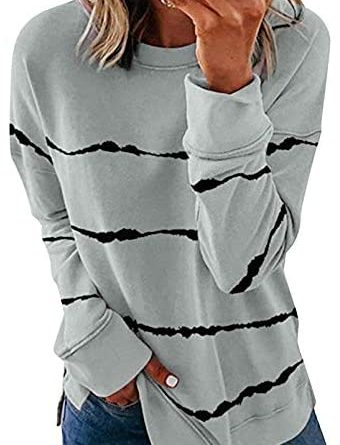 Biucly Womens Casual Crewneck Tie Dye Sweatshirt Striped Printed Loose Soft Long Sleeve Pullover Tops Shirts